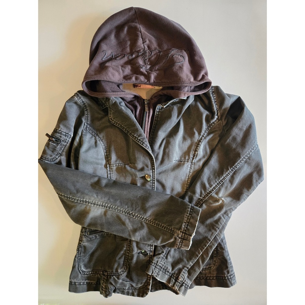 Vintage Hooch Layered Hoodie Canvas Jacket Grey Utility 2-in-1 Moto Style Size 8
